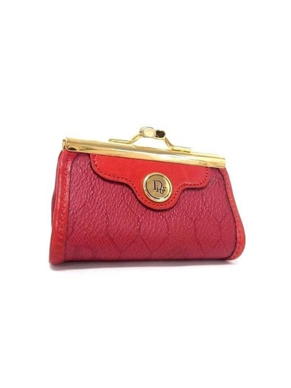 Dior Coin Purse Honeycomb Pattern Red Gold Leather Kiss Lock